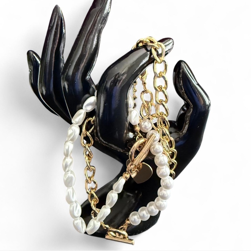 (NEW) Elegant Gold and Pearl Women's 3 Bracelets